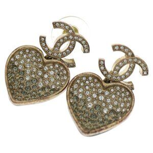 Chanel Rhinestone CC Logo Heart Earrings Set of 2 Black Gold